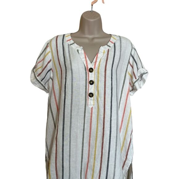 ELLEENTRACY White and Pink Boxy Button 100% Linen Blouse Side slid - Picture 1 of 5